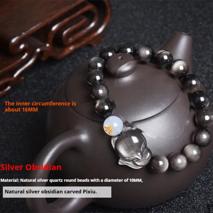 Natural obsidian beaded bracelet with 10mm stones in gold, silver, or black style.