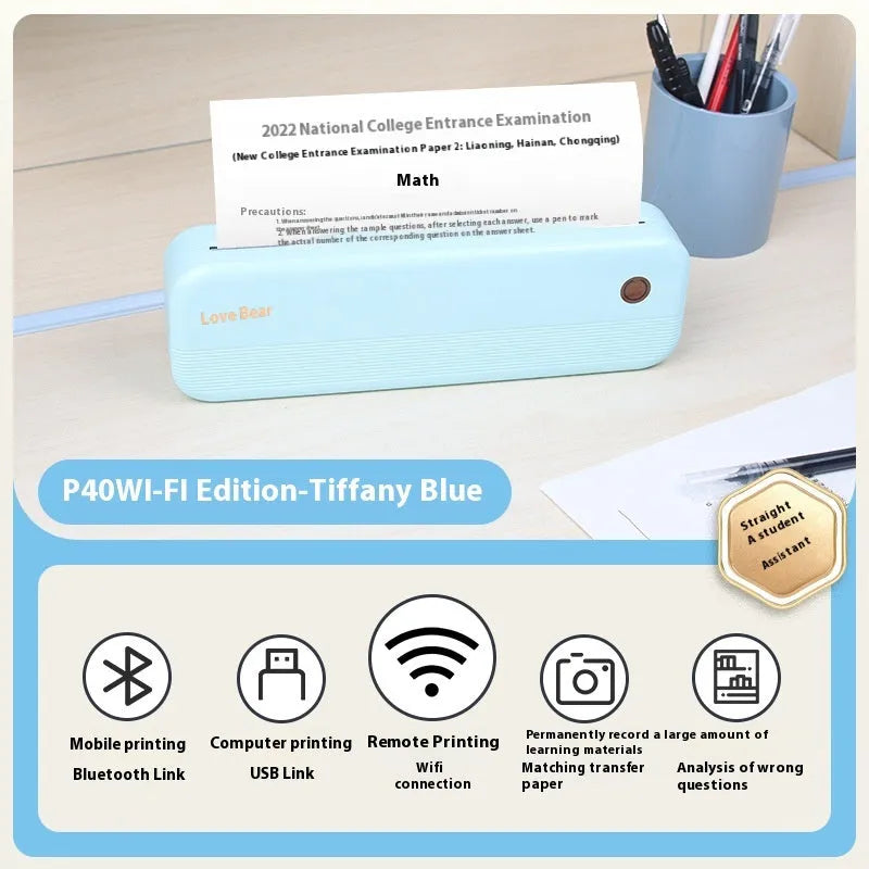 Ailixiong P40 small portable thermal printer in Tiffany Blue or White colour on a desk.