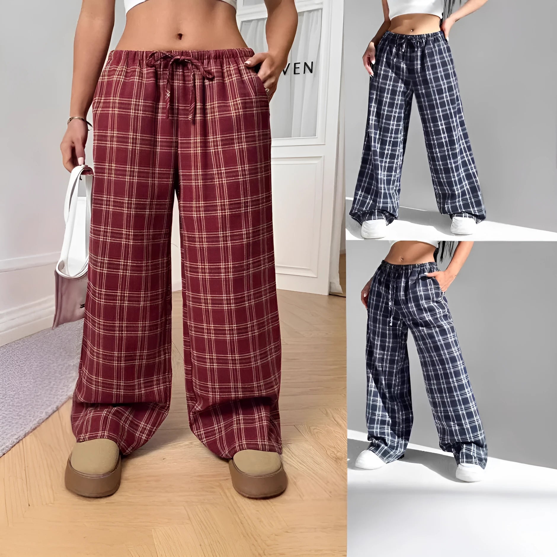 Women's loose plaid trousers with drawstring waist and pockets in red or blue colour options