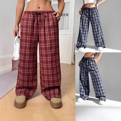 Women's loose plaid trousers with drawstring waist and pockets in red or blue colour options