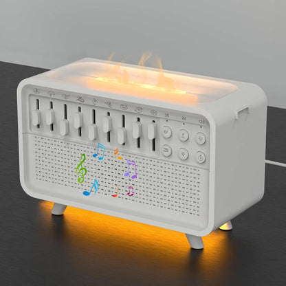 White geometric 3-in-1 Bluetooth speaker with humidifier and night light measuring 200mm wide