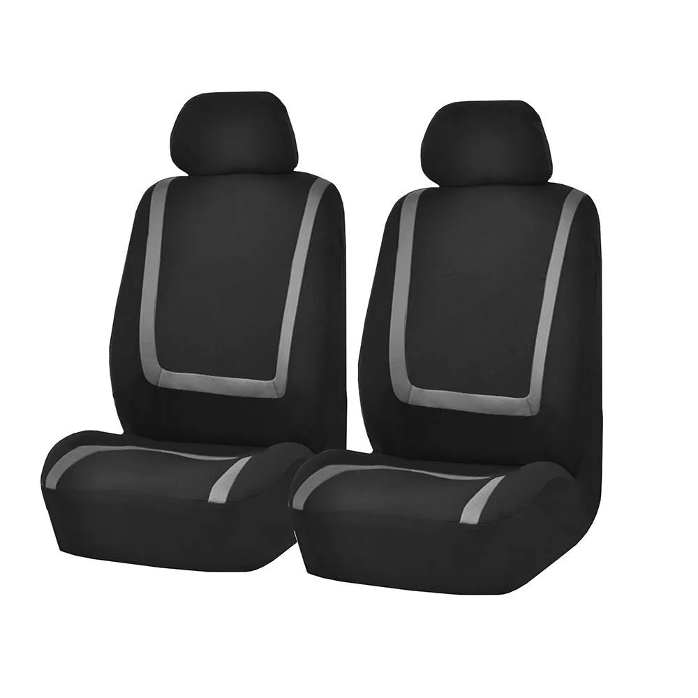 Fully enclosed fabric car seat cover set showing front and rear seat protection in a beige and black colour combination.