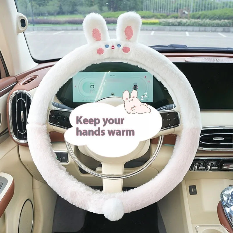 Plush steering wheel cover with rabbit fur embroidery showing cartoon animal design on 38cm diameter