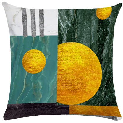 Geometric pattern throw pillow on office sofa showing 45x45cm size with plush fabric texture