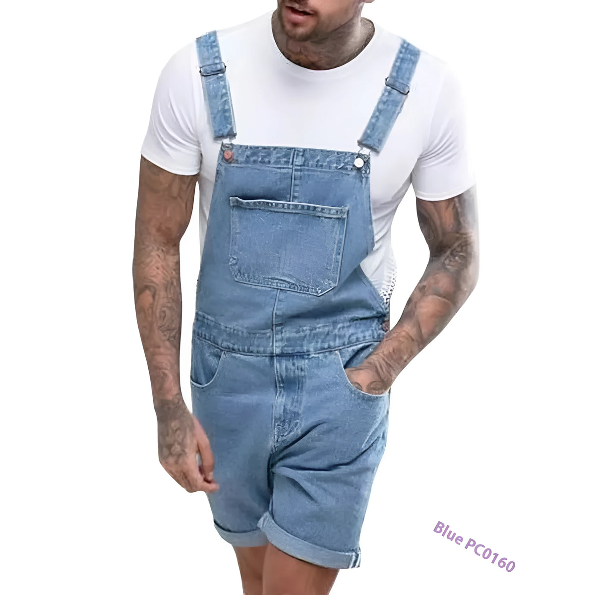 Black denim suspender shorts for men on a hanger, showing mid-waist and shorts length.
