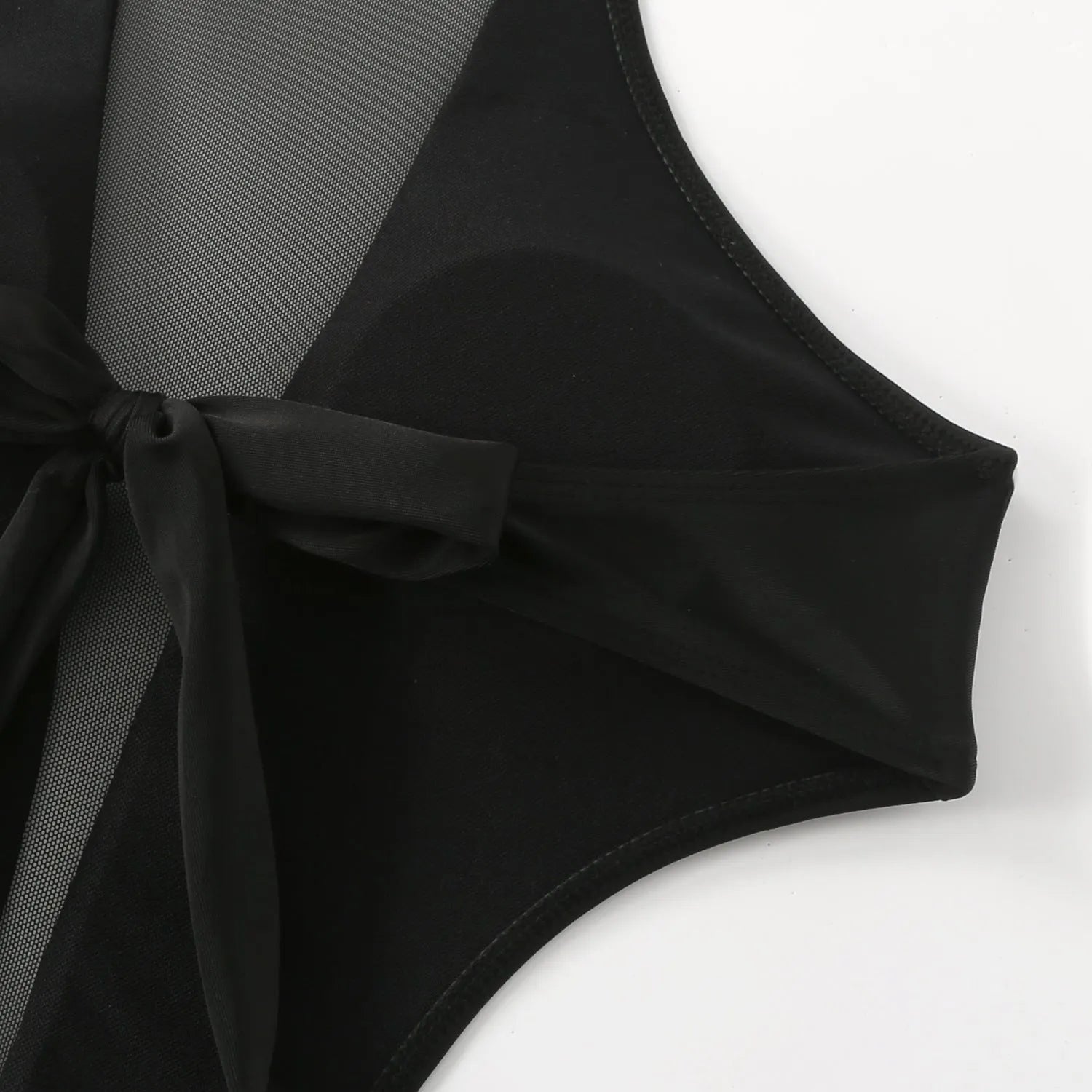 Black women's one-piece swimsuit showing nude back and hollow-out strap design.