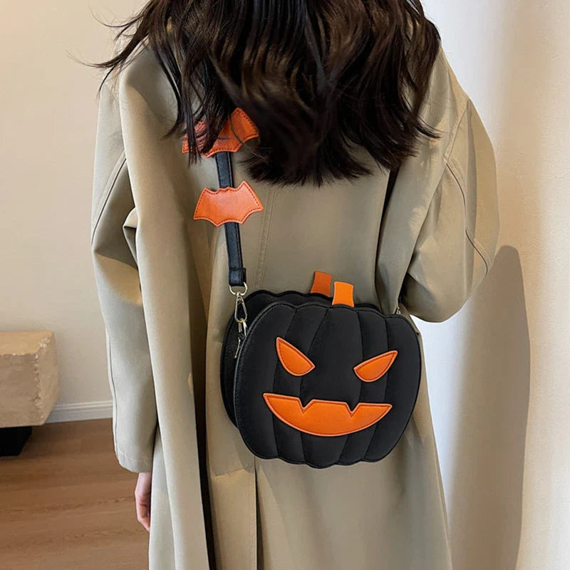 Stylish Halloween crossbody bag with pumpkin cartoon and bat design, available in multiple vibrant colors