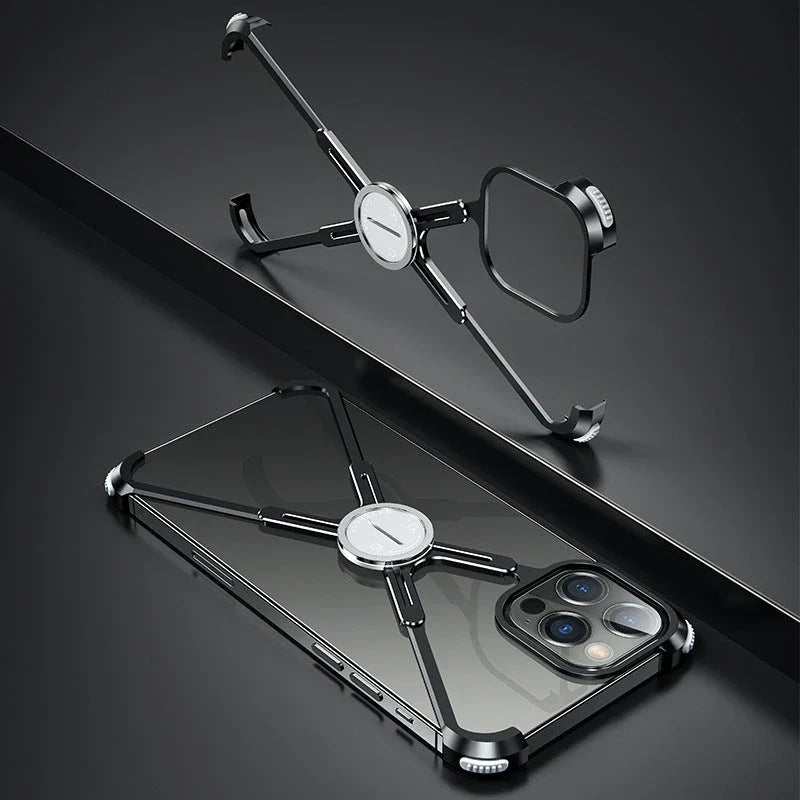 Stylish metal bumper case with X-shaped design, airbag cushioning, and heat dissipation for iPhone 12 and 13 series