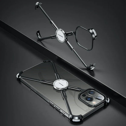 Stylish metal bumper case with X-shaped design, airbag cushioning, and heat dissipation for iPhone 12 and 13 series