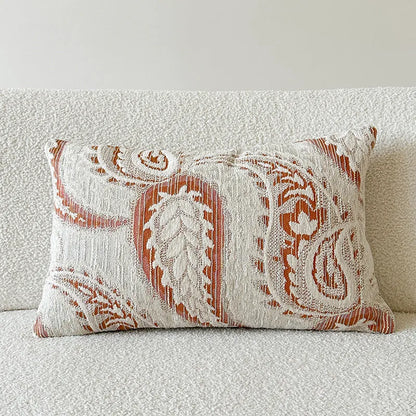 American-style yarn-dyed jacquard sofa pillow cover with thickened paisley design in amber colours, showing plant and flower pattern.