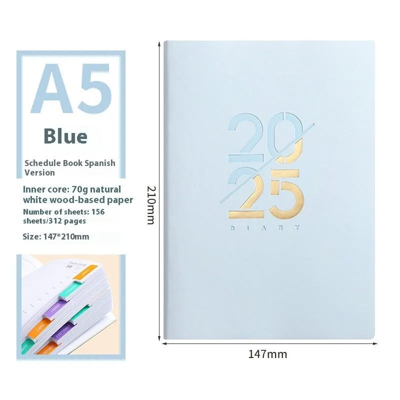 A5 daily planner with faux leather cover in blue, showing open pages and bound spine.