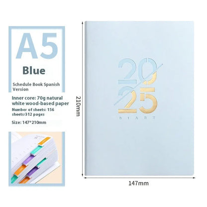 A5 daily planner with faux leather cover in blue, showing open pages and bound spine.
