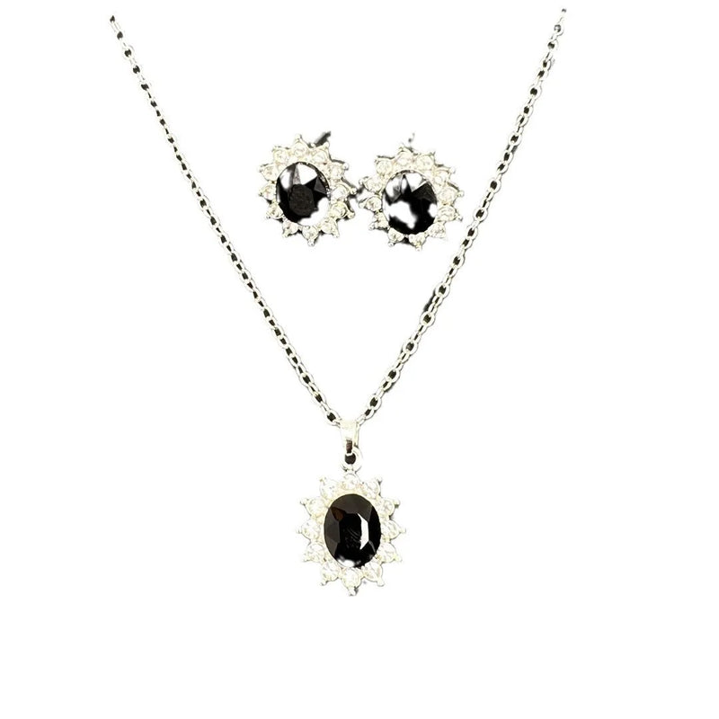 Alloy sunflower zircon jewellery set for women featuring necklace and matching earrings in black blue red green champagne colour options with simple ellipse elements and regular chain style electroplated finish