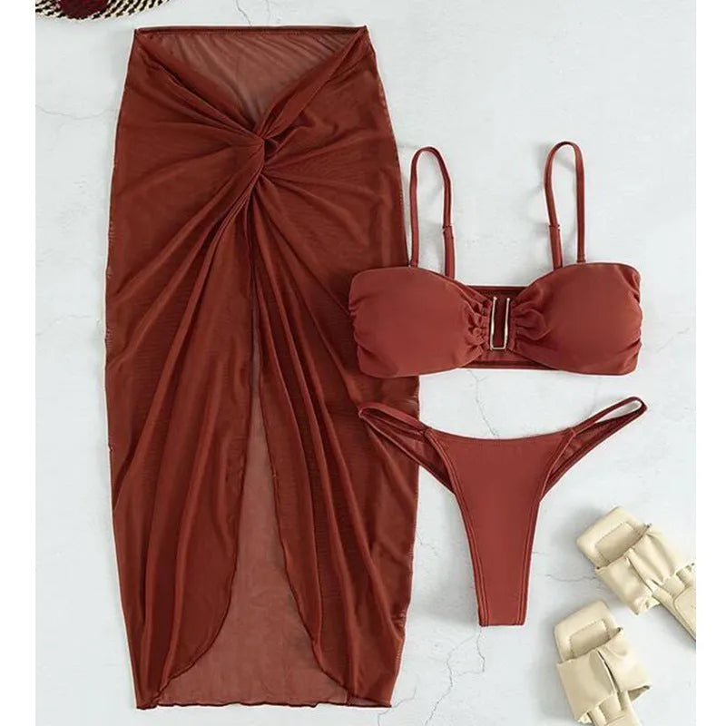 Three-piece bikini set with long culottes skirt in French style solid colour design