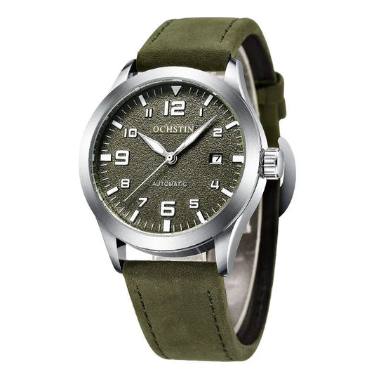 Casual business retro leather automatic mechanical watch with 12mm thickness on wrist, showing colour options