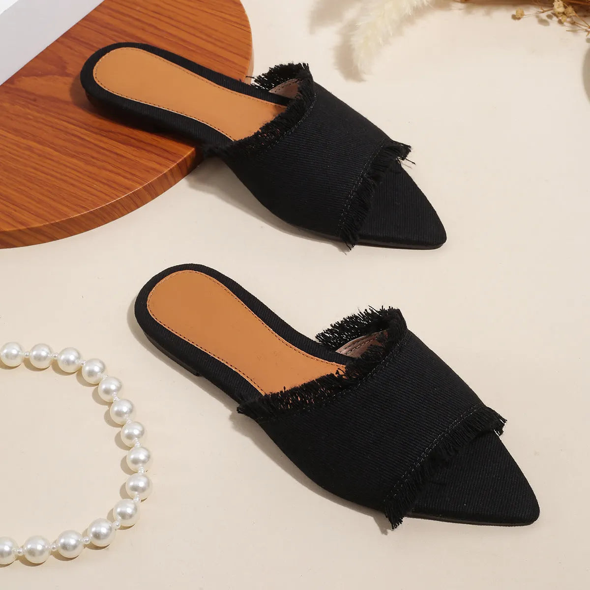 Women's denim casual slippers with tassel detail in various colours