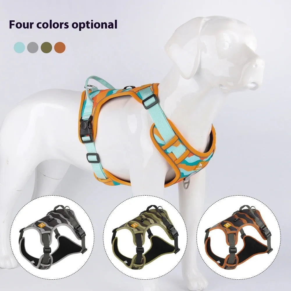 Orange dog harness with reflective strips and hand holding rope on a grassy background