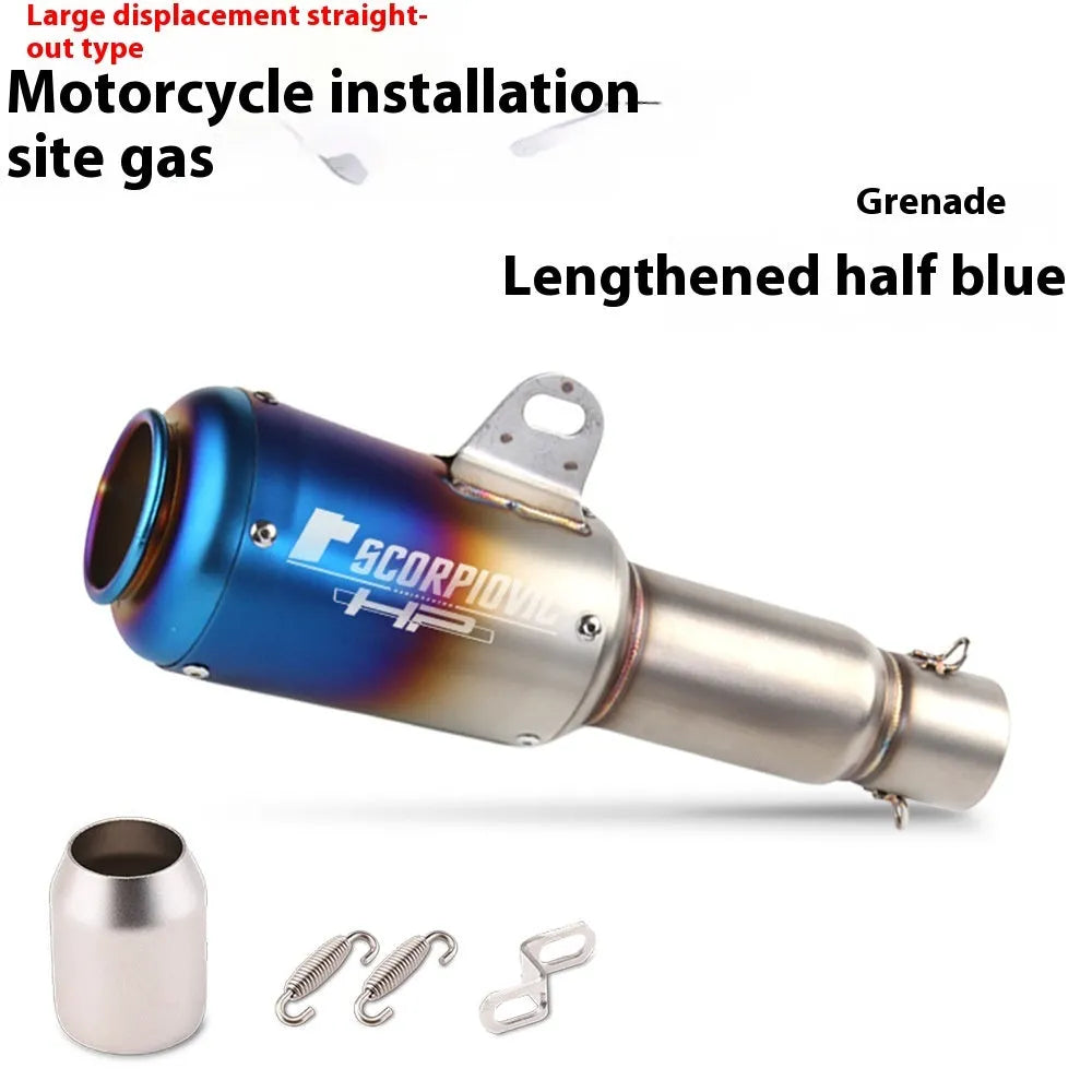 Universal stainless steel motorcycle exhaust pipe with decorative flower cover in black, titanium, half blue, or colourful finish