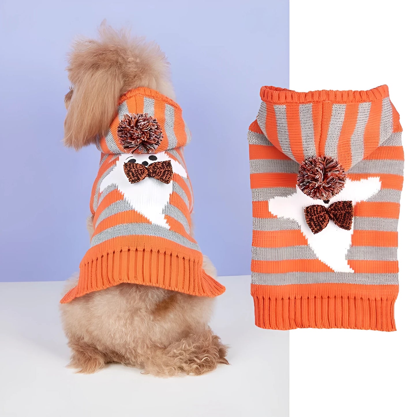 Orange Halloween pet sweater with knitted stripes, fur ball accents, and hood for cats or dogs