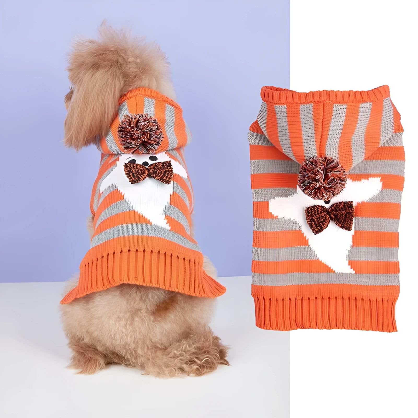 Orange Halloween pet sweater with knitted stripes, fur ball accents, and hood for cats or dogs