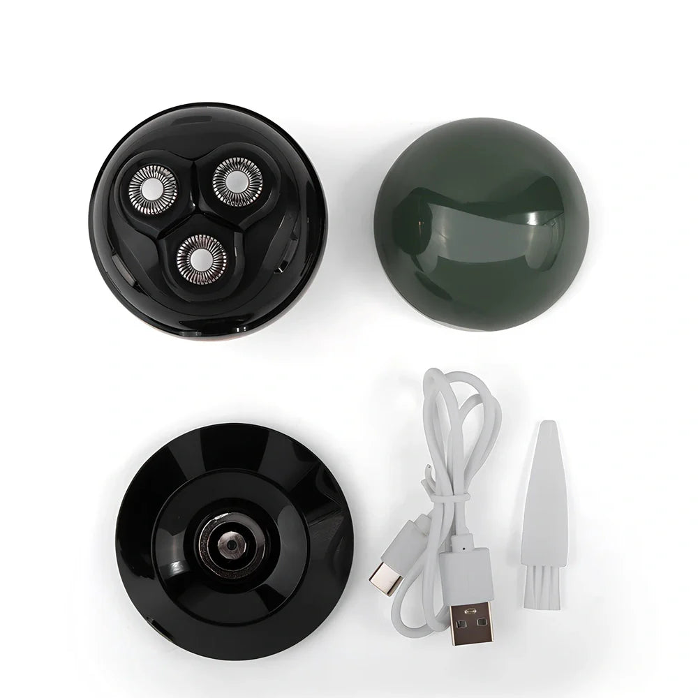 Black spherical wireless shaver with magnetic cutter heads on charging base showing digital battery display