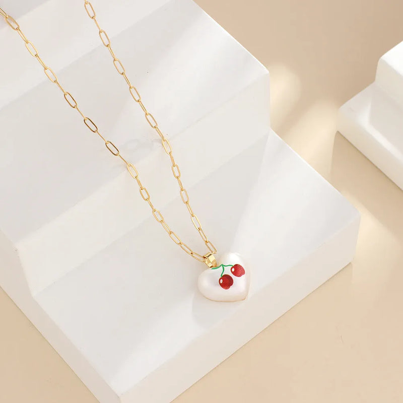 Geometric fruit pendant necklace with chain lengths from 21cm to 50cm, fresh style jewellery featuring strawberry, pineapple, apple, pear and cherry heart-shaped charm designs