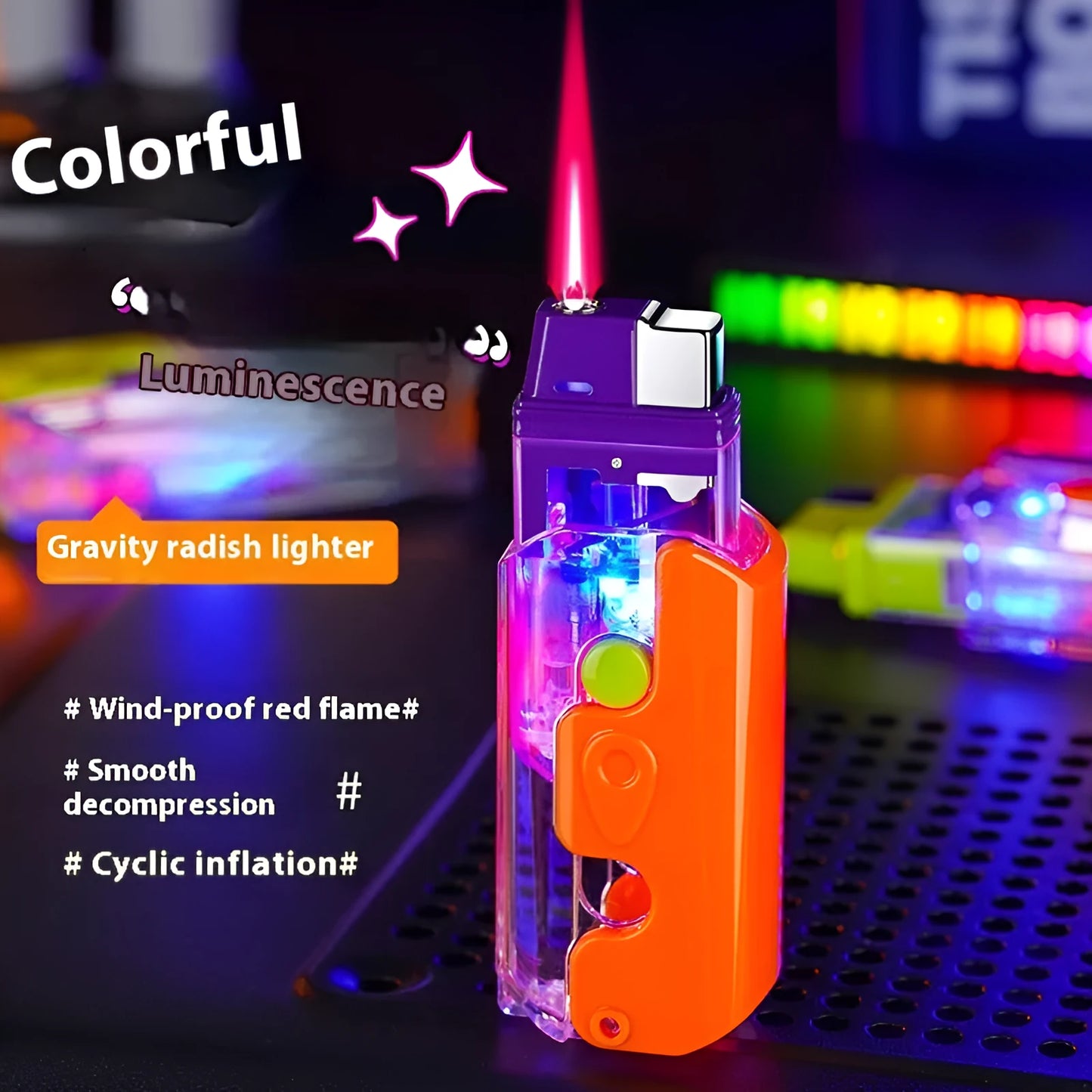 Orange, purple, and green plastic windproof lighter with bare metal finish.