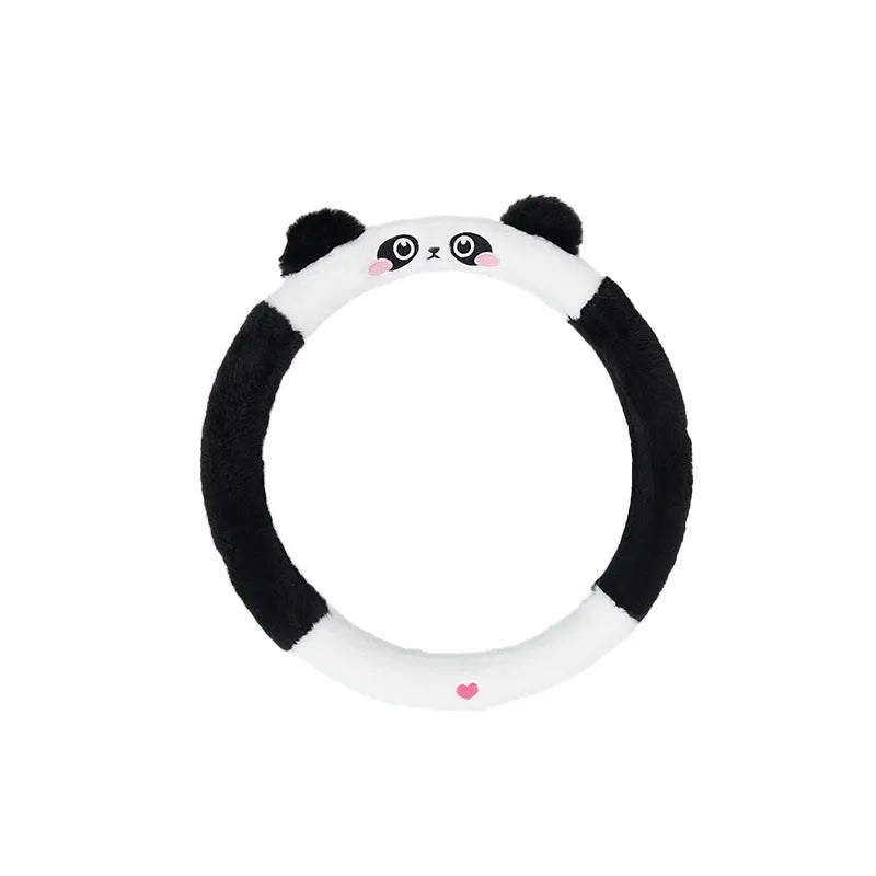 Plush steering wheel cover with rabbit fur embroidery showing cartoon animal design on 38cm diameter