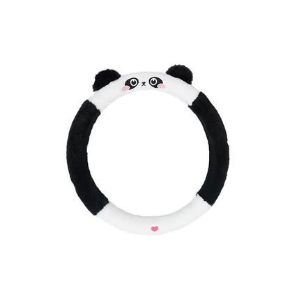 Plush steering wheel cover with rabbit fur embroidery showing cartoon animal design on 38cm diameter