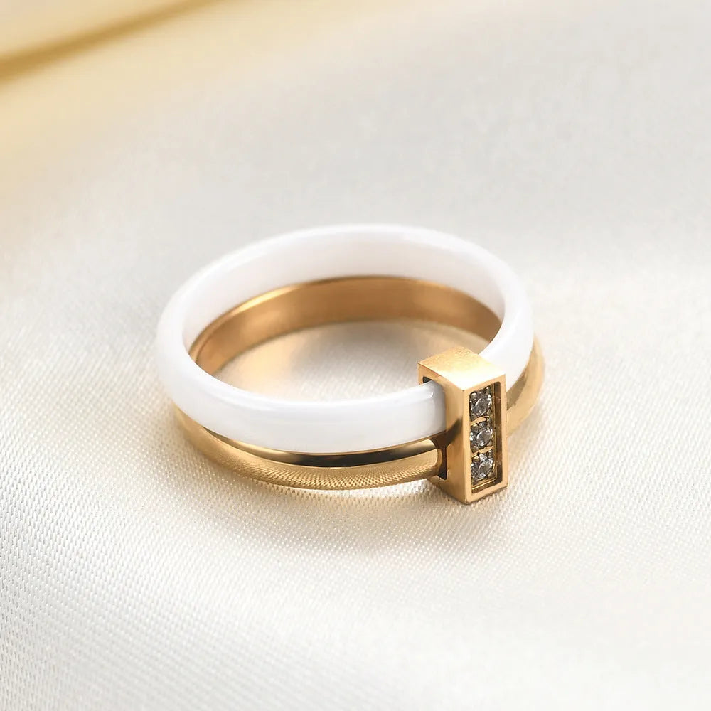 Glossy stitching inlaid zirconium ceramic 6mm ring in geometric design with electroplated finish