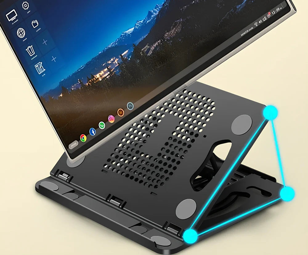 Black portable laptop stand with eight adjustable height settings expanded to 220mm width