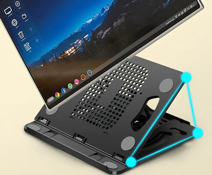 Black portable laptop stand with eight adjustable height settings expanded to 220mm width