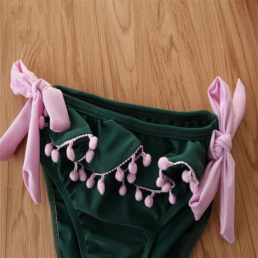 Girl's green cotton bikini swimsuit for summer, sizes 2T to 6T