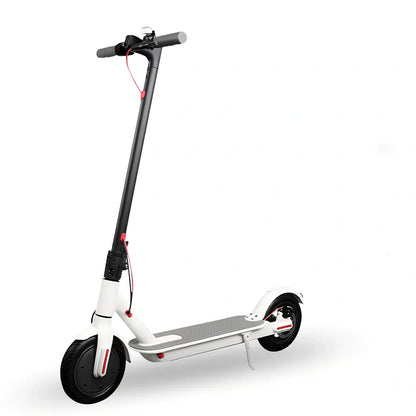 Black foldable electric scooter with 8.5-inch wheels showing compact 112cm folded length