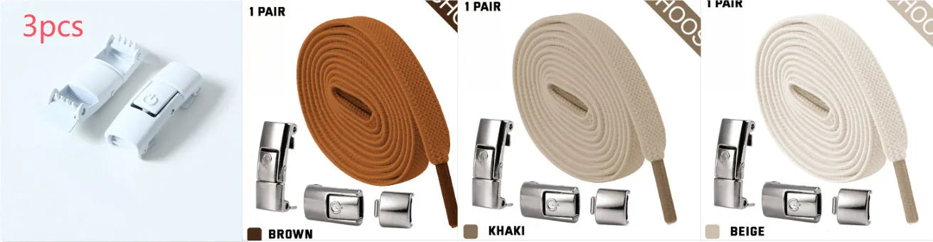 Set of press lock elastic no-tie shoelaces in various colours including black, blue, and fluorescent green.