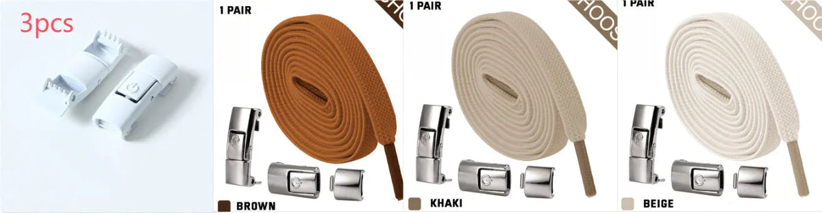 A pair of black widened flat elastic shoelaces with a silver press lock buckle on a white background.