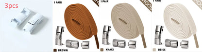 A pair of black widened flat elastic shoelaces with a silver press lock buckle on a white background.