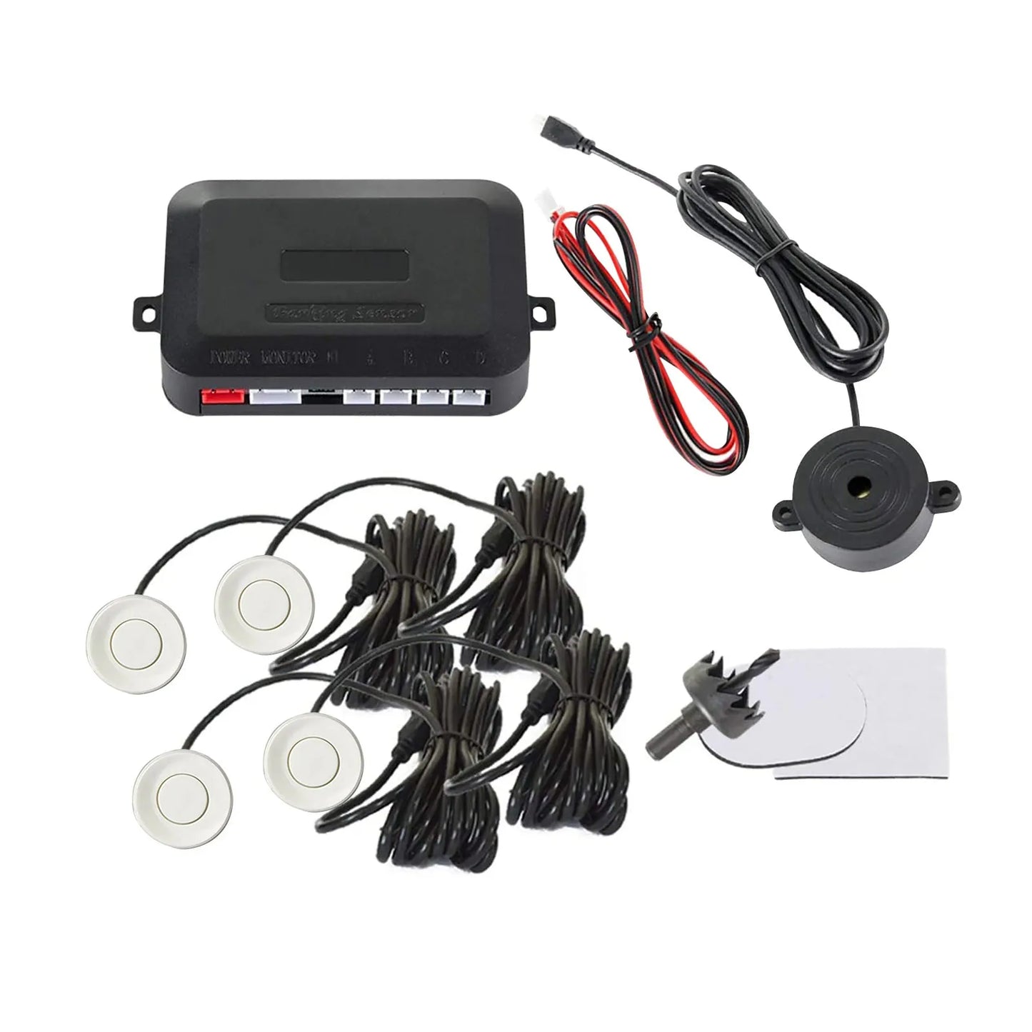4-probe buzzer reversing radar kit with sensors, control module, and hole saw.