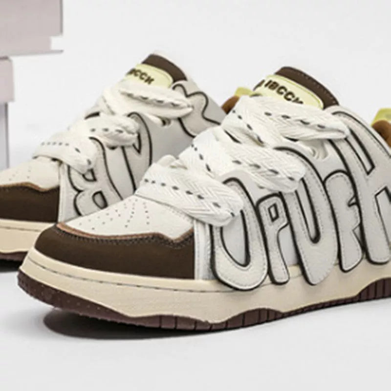Men's and Women's Retro Sneakers with Thick Sole and Alphabet Design in genuine leather