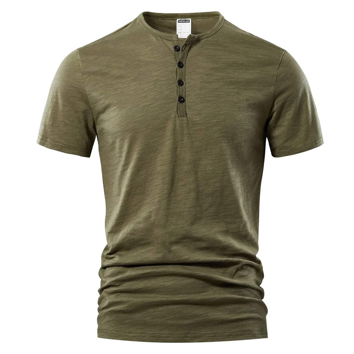 Men's slub cotton short sleeve t-shirt in denim blue colour showing British-style design and textured fabric