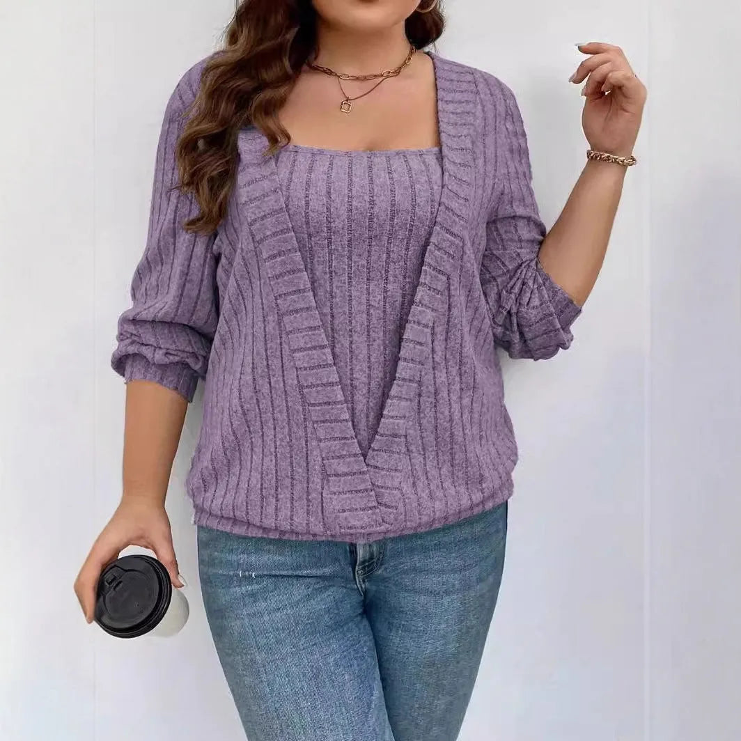 Solid colour rib fabric V-neck long sleeve false two-piece suit in loose fit with regular sleeves