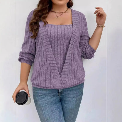 Solid colour rib fabric V-neck long sleeve false two-piece suit in loose fit with regular sleeves