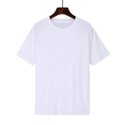 Men's loose fit black cotton short sleeve T-shirt with a printed design, shown on a hanger.