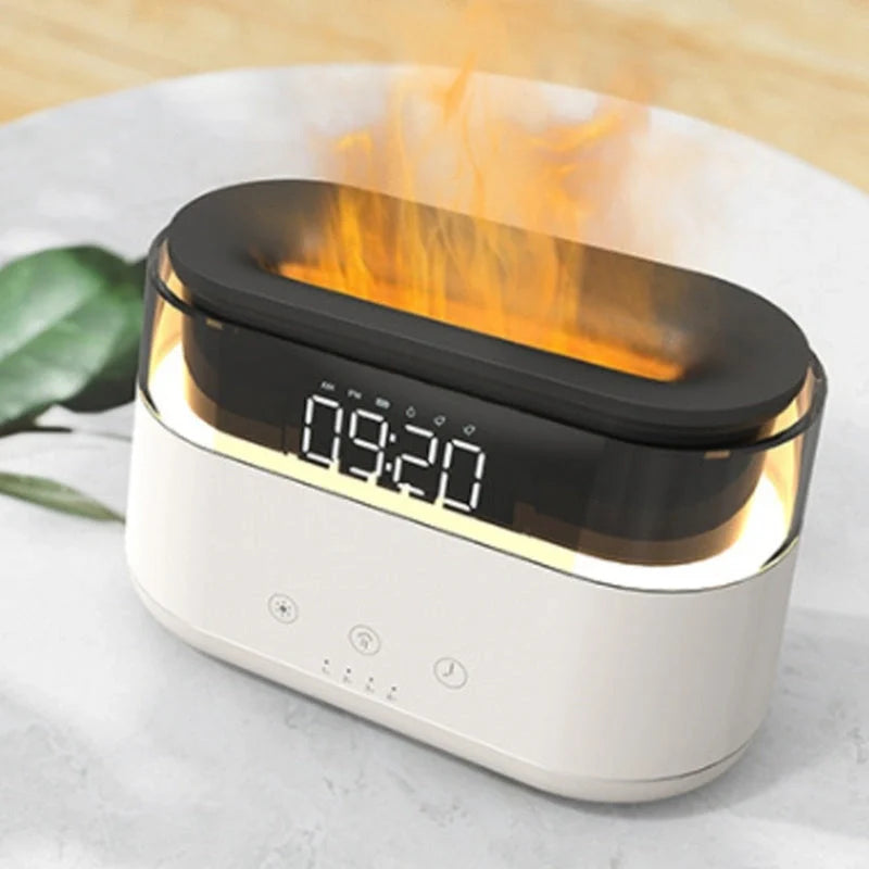 White flame humidifier with clock and aromatherapy function