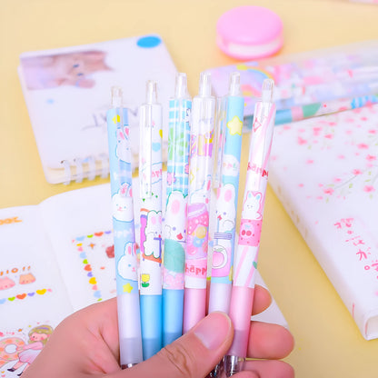 Six black ballpoint pens with cartoon bunny designs showing 0.5mm tips for writing