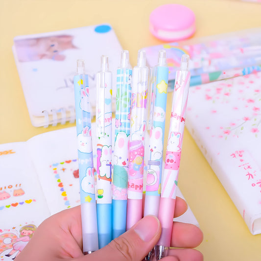 Six black ballpoint pens with cartoon bunny designs showing 0.5mm tips for writing