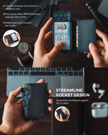 Leather credit card case with RFID blocking and double ID window in Black, Yellow Brown, Carbon Fiber Black, and Deep Coffee