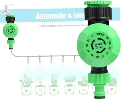 Plastic mechanical garden irrigation timer, 140mm size, connected to outdoor faucet with hose, showing 120-minute dial and auto shut-off feature