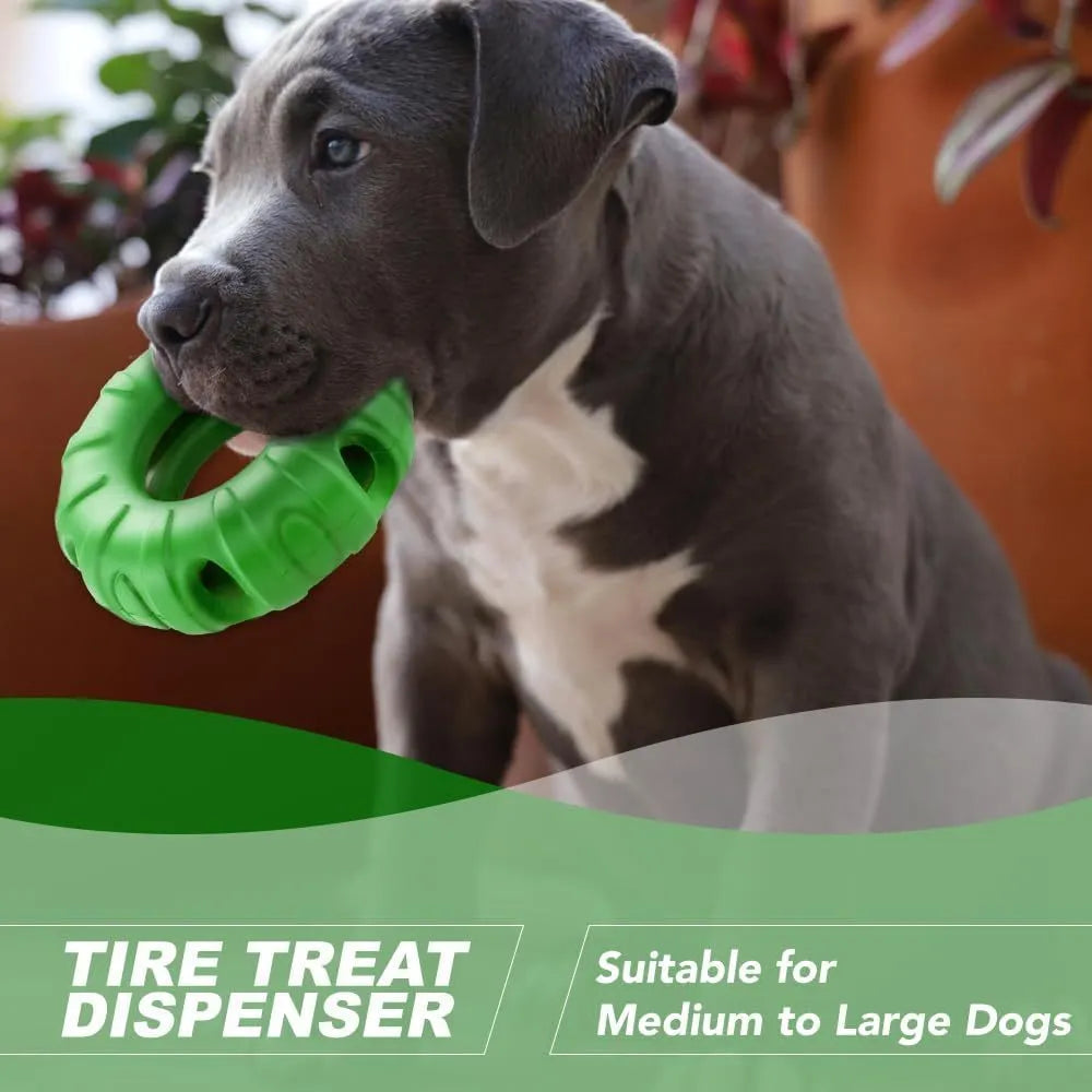 Blue tyre-shaped dog chew toy with oval openings, made from natural rubber for slow feeding