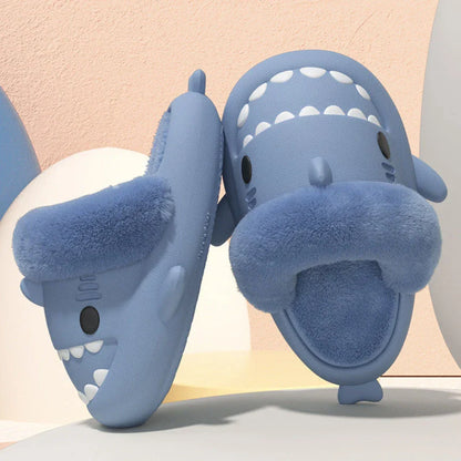 Cozy and stylish shark-themed house slippers with a plush, fuzzy upper and a durable, non-slip sole